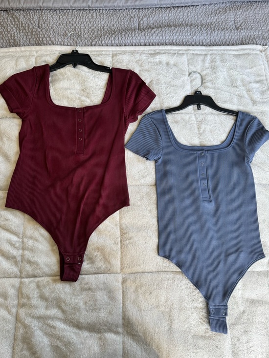 SO Tops - 2 SO Ribbed Square-Neck Bodysuit - Burgundy & Slate Blue